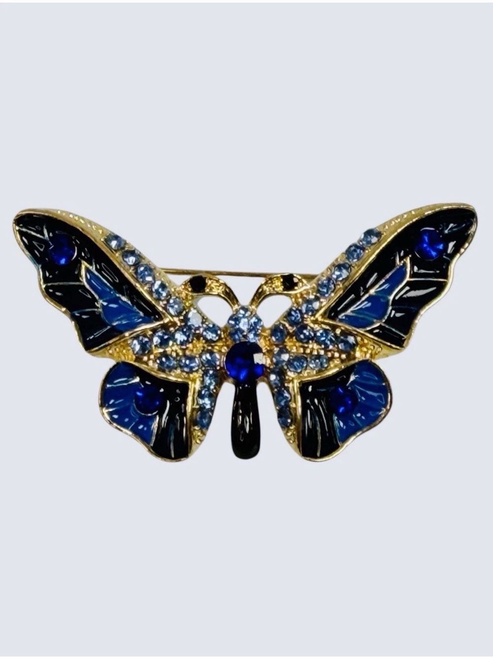 Vintage Enamel Gold Tone Butterfly Bug Brooch Pin Cobalt Blue Black Rhinestone